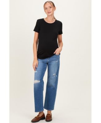 Women's Blue Distressed Ripped Knee Straight Leg Jeans