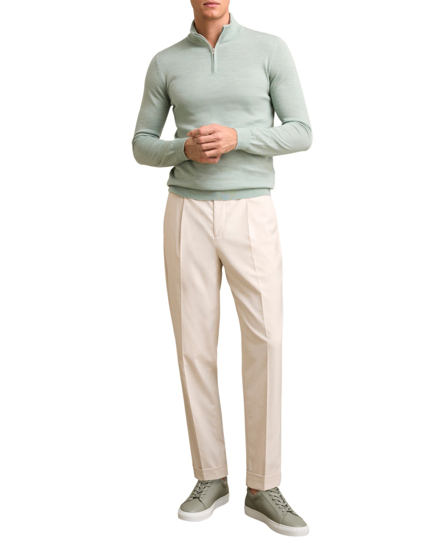 Мужской свитер REISS Blackhall Slim-Fit Funnel-Neck Merino Wool, цвет: Шалфейный зелёный меланжевый — фото 3