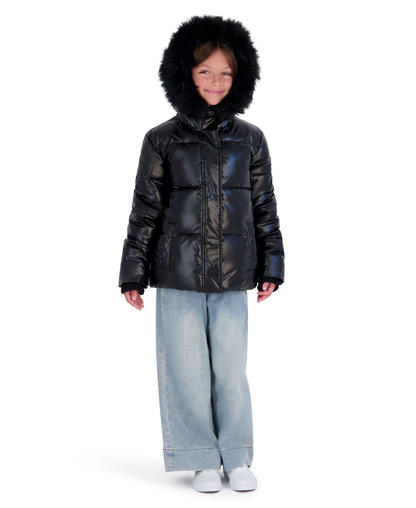 Куртка Steve Madden Liquid Fashion Hooded Puffer with Faux-Fur Trim для девочек, цвет: Чёрный — фото 3
