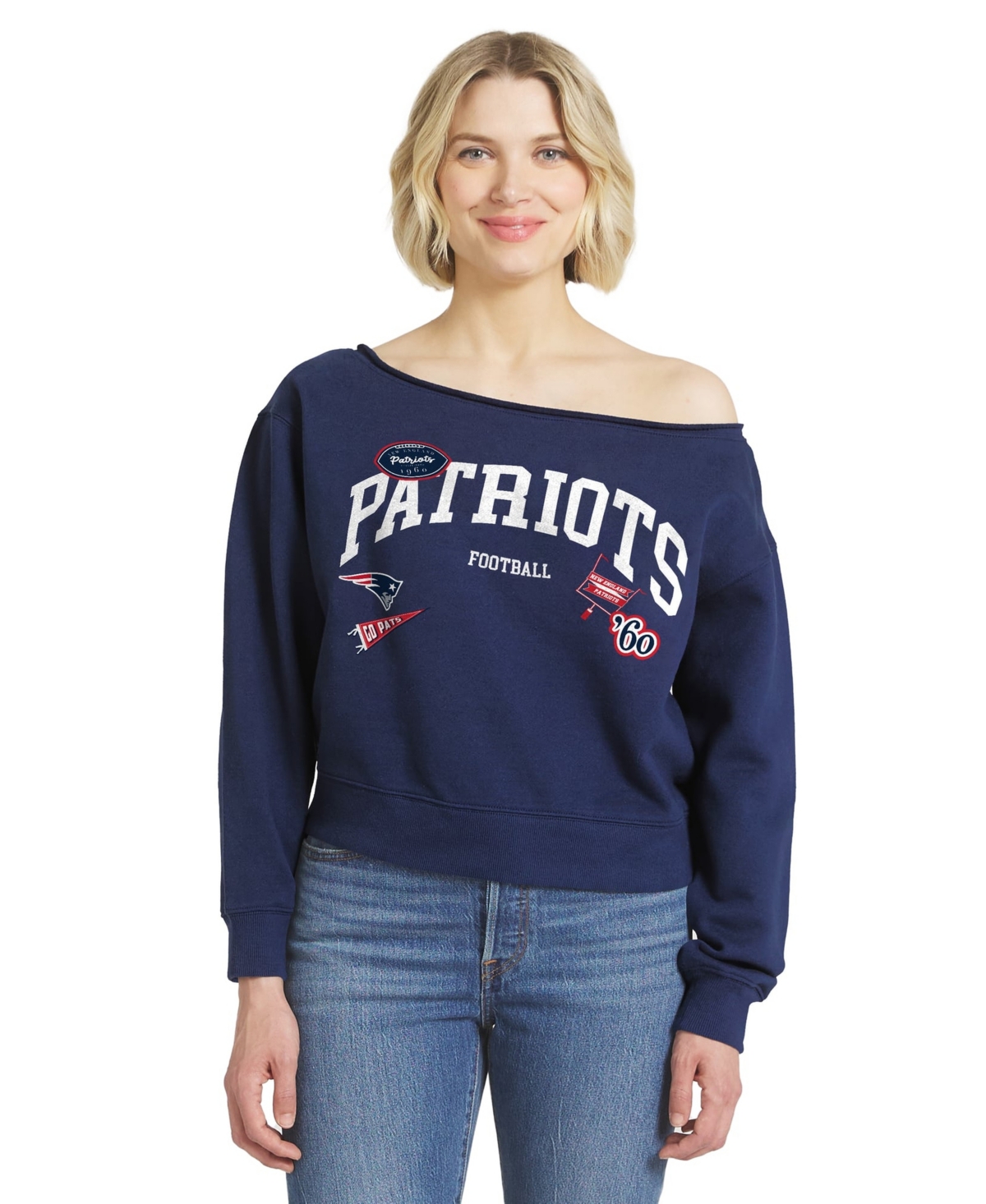 Wear by Erin Andrews Women's New England Patriots Off-the-Shoulder Relaxed-Fit Sweatshirt - Navy