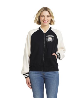 Women's Black Pittsburgh Steelers Throwback Varsity Fleece Raglan Full-Zip Jacket