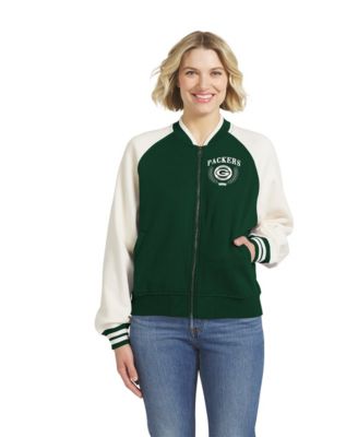 Women's Green Green Bay Packers Throwback Varsity Fleece Raglan Full-Zip Jacket