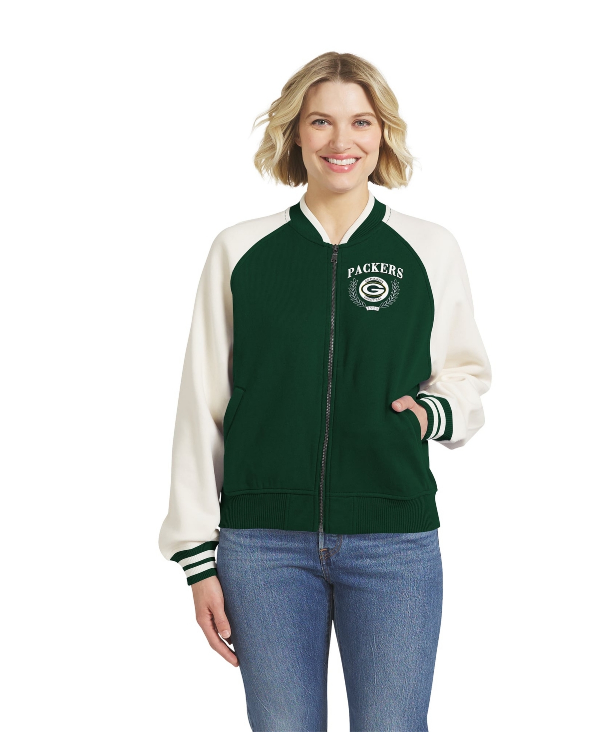 Wear by Erin Andrews Women's Green Bay Packers Throwback Varsity Fleece Full-Zip Jacket - Green