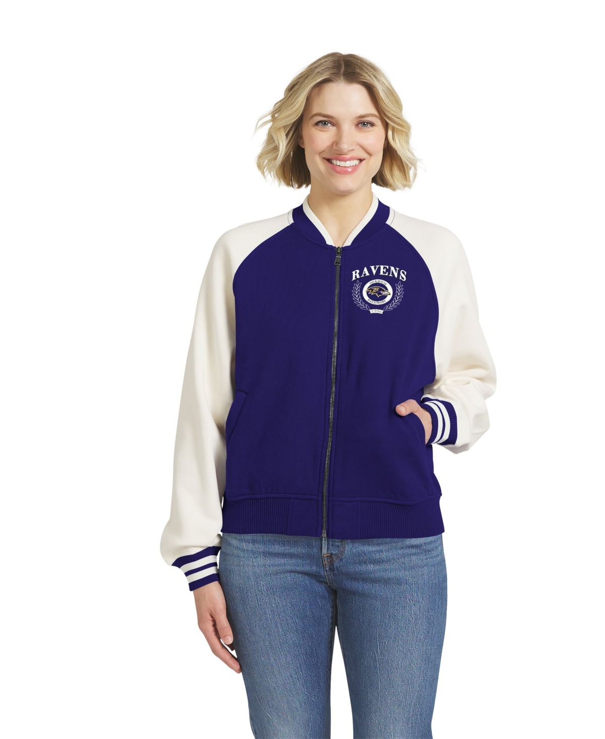 Women's WEAR by Erin Andrews Purple Baltimore Ravens Throwback Varsity Fleece Raglan Full-Zip Jacket