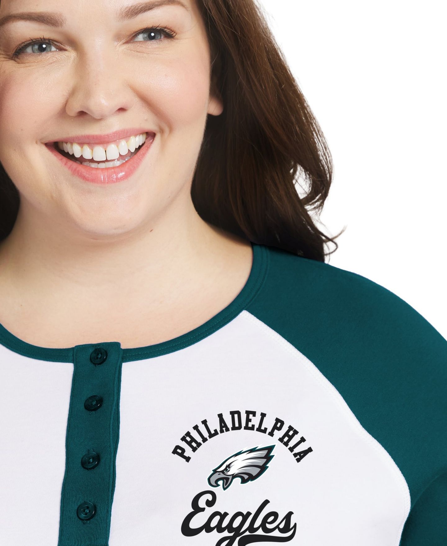 Женская футболка WEAR by Erin Andrews White/Midnight Green Philadelphia Eagles Plus Size Henley Long Sleeve Raglan — фото 2