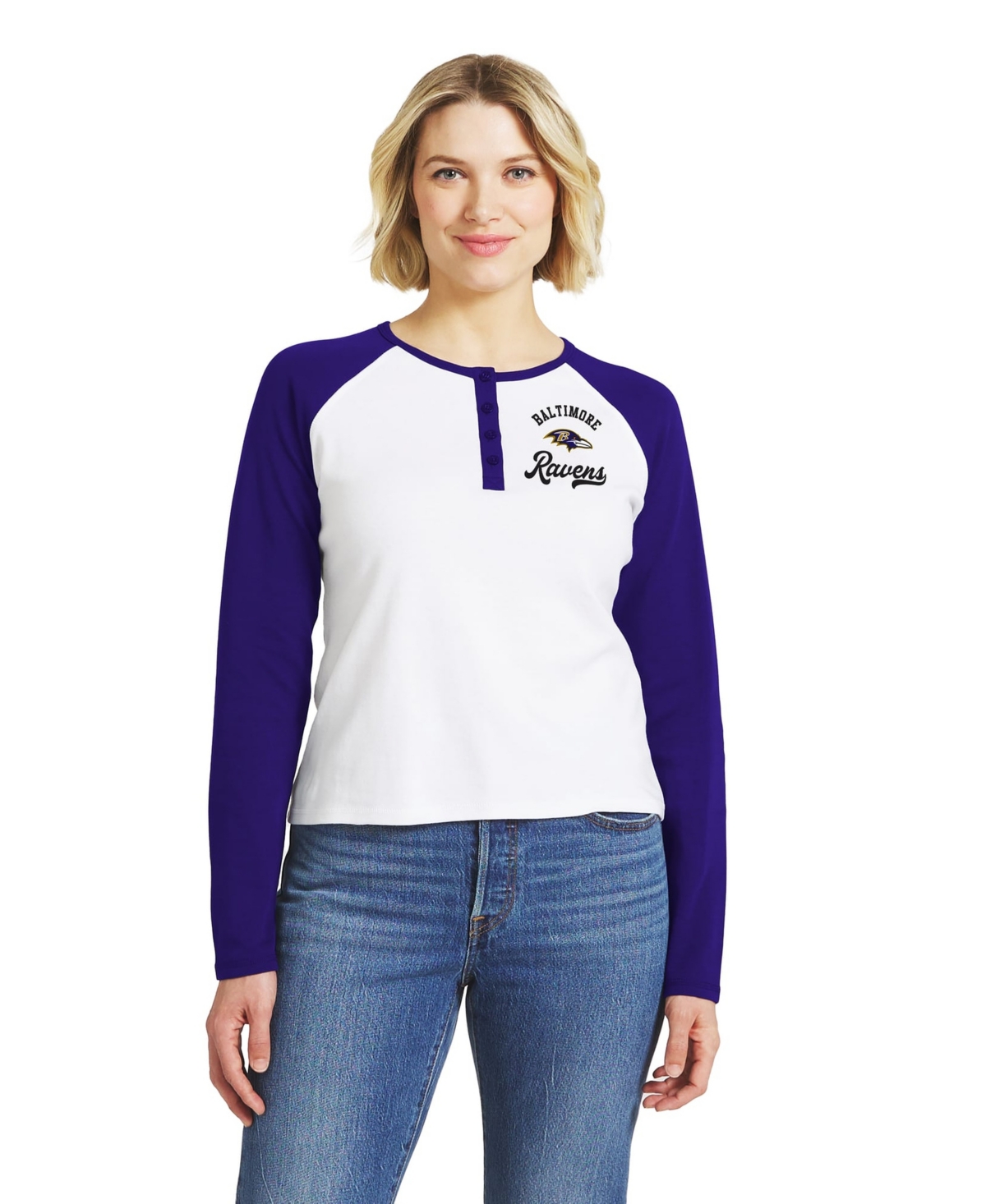 Women's WEAR by Erin Andrews  White/Purple Baltimore Ravens Henley Long Sleeve Raglan T-Shirt