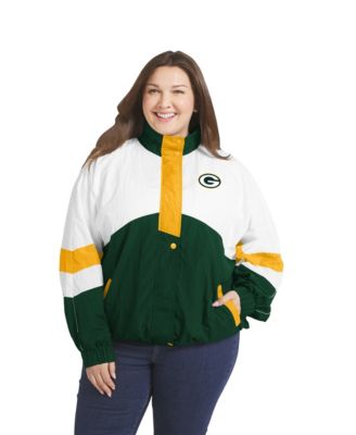 Women's  White/Green Green Bay Packers Plus Size Crinkle Full-Snap Hooded Windbreaker