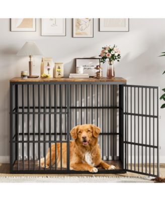 48'' Dog Crate Furniture, 3-in-1 Wooden Kennel with 3 Lockable Doors, Heavy Duty Metal Frame, End Table for Large Breeds, Brown and Black