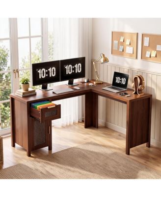 L Shaped Office Desk With Storage, Modern Home Computer Desk, Large Work Surface, Cable Management, Spacious Storage Shelves