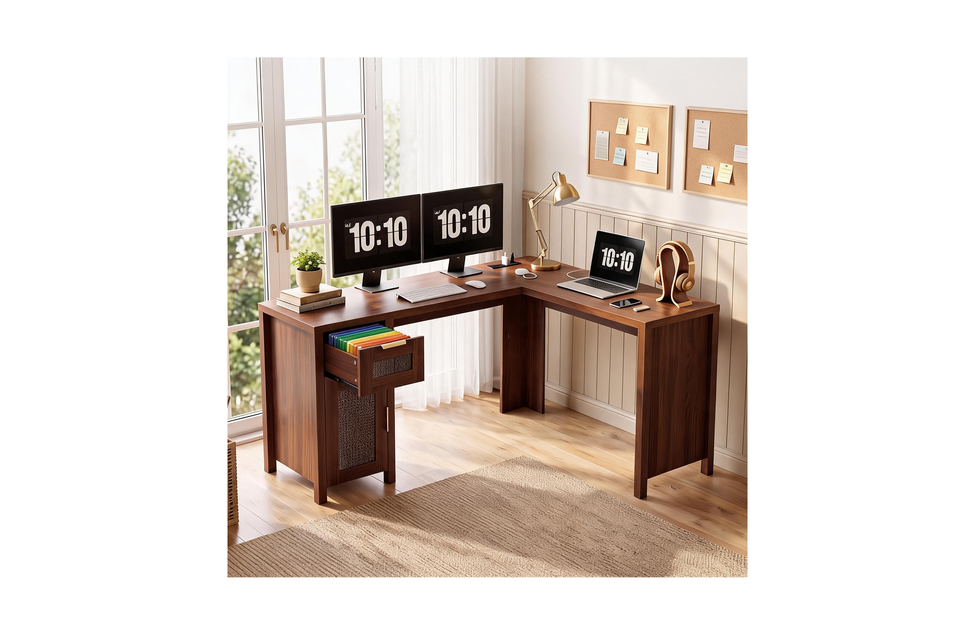homfan L Shaped Office Desk With Storage, Modern Home Computer Desk, Large Work Surface, Cable Management, Spacious Storage Shelves