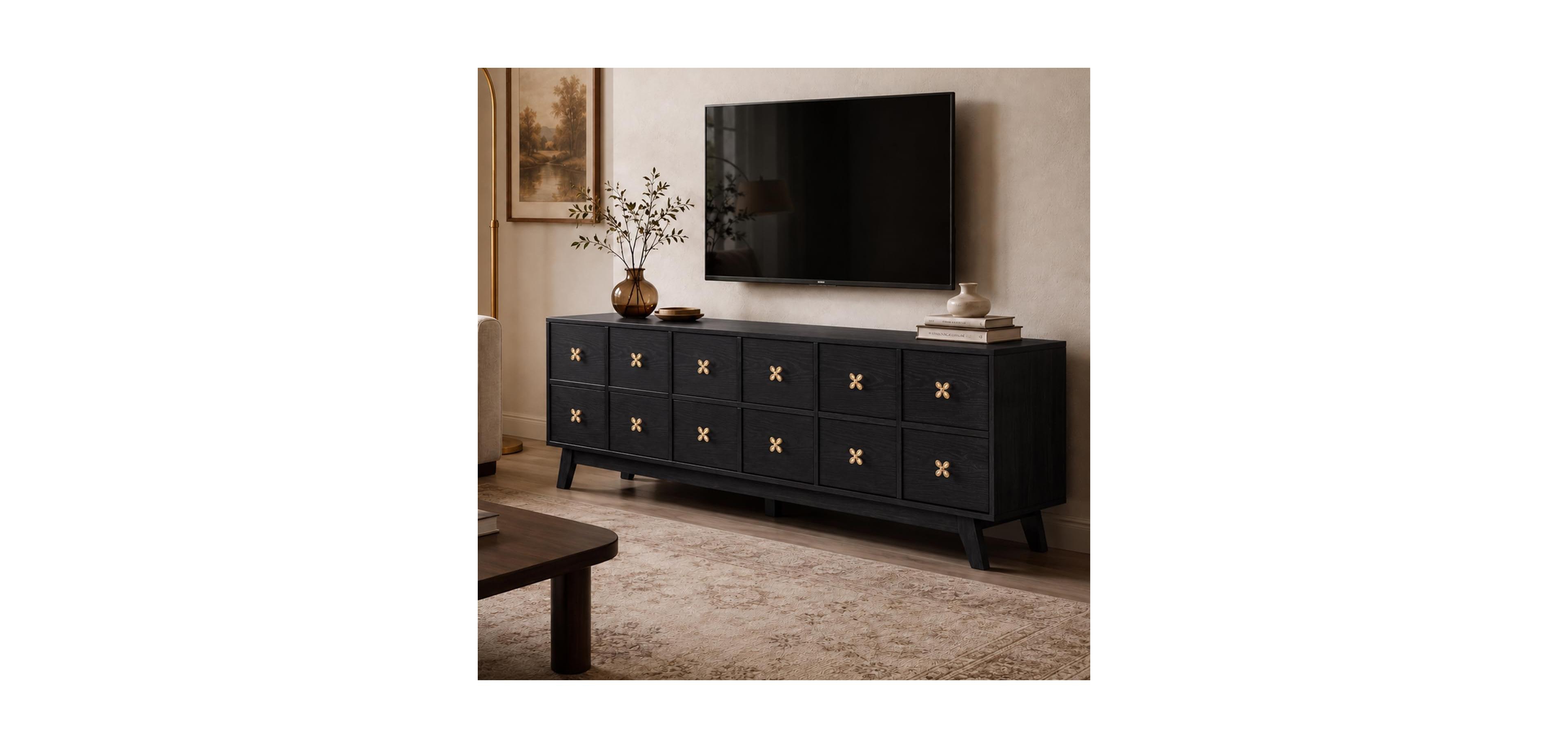 homfan 67" Wood Tv Stand, Mid Century Modern Stand for Up to 75" TVs, Bone-Line Series