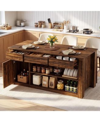 71" Kitchen Island with Drawers, Cabinet, Shelves and Seating