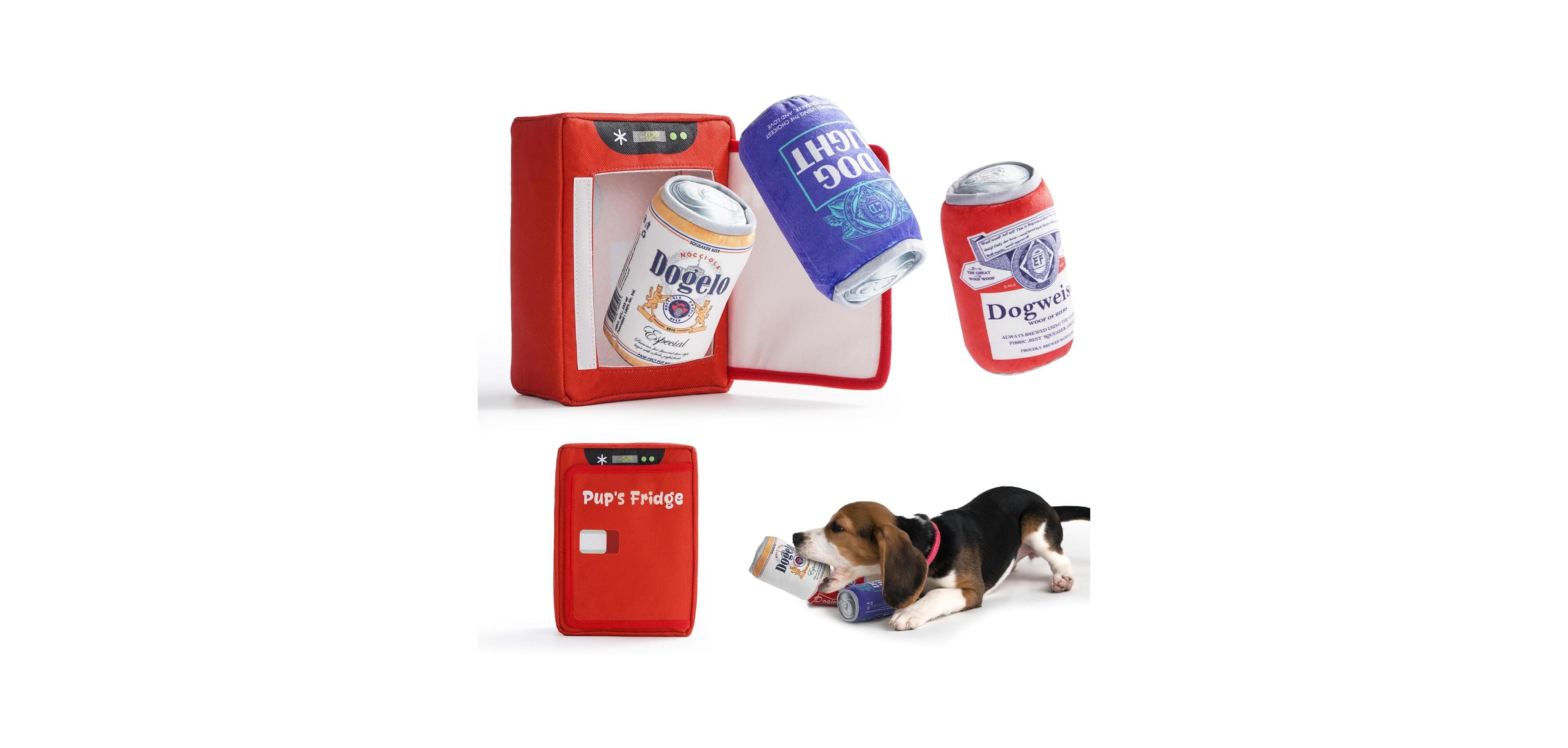 Nocciola 3 Pack Ice Cold Beer Dog Toys with a Fridge, Funny Squeaky Interactive Toys, Hide and Seek Enrichment Toy for Dogs