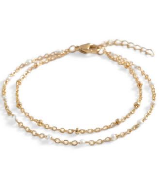 Gold-Tone Imitation Pearl Dainty Double Chain Beaded Bracelet
