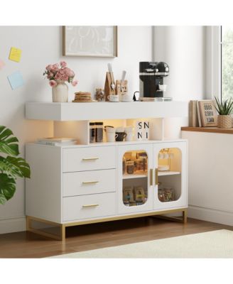 Modern Sideboard Buffet Cabinet with Auto-Sensor RGB LED Lights and Built-in Charging Station, Coffee Bar Table with Storage