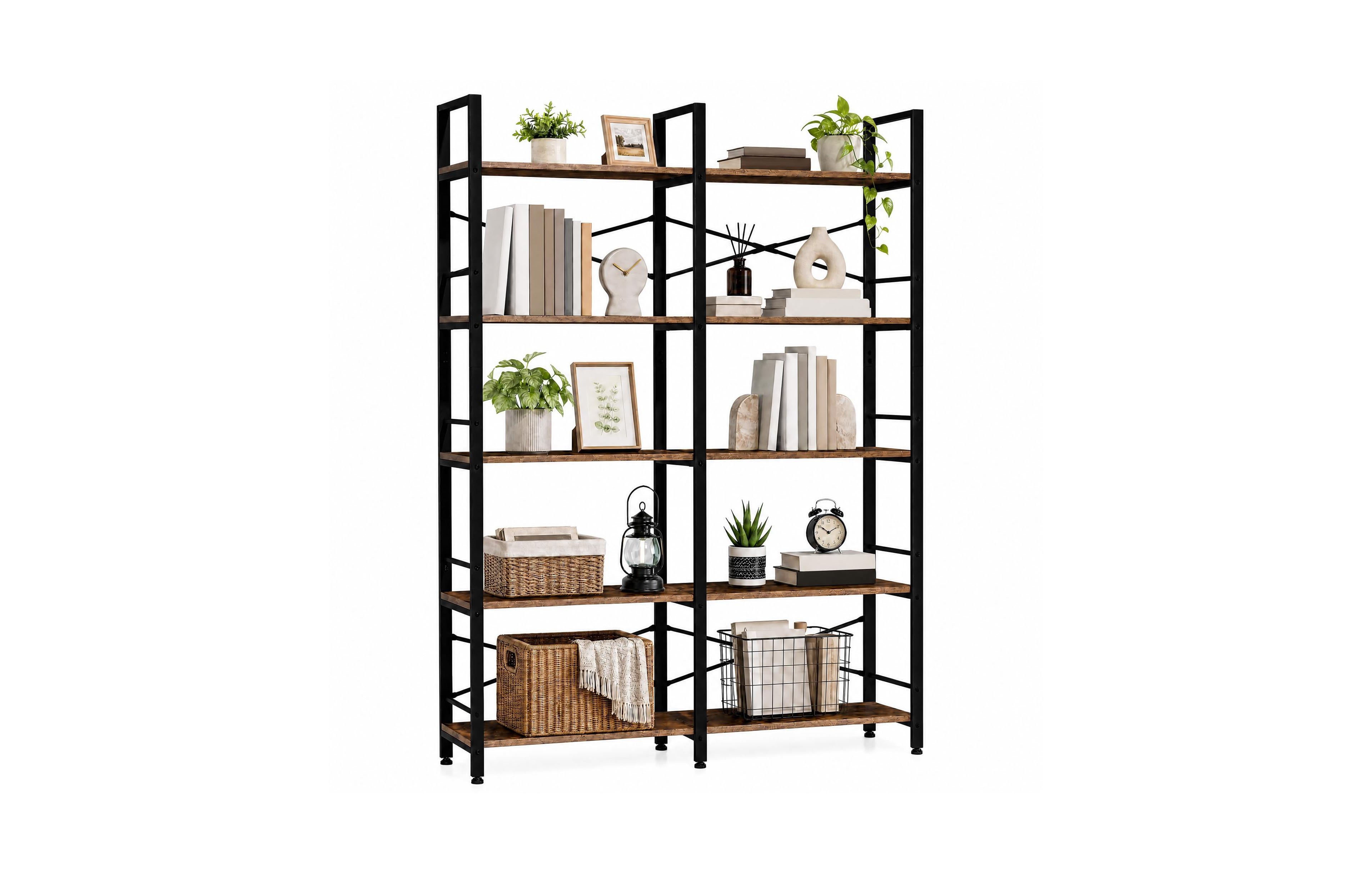 gaomon 5-Tier 66.9" H Industrial Bookshelf, Tall Modern Bookcase with 10 Open Display Shelves, Vintage Wood and Metal Frame for Living Room and Office