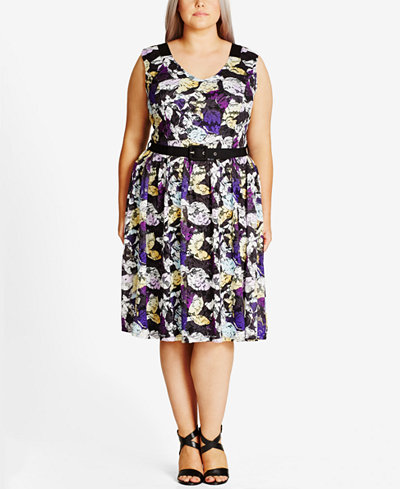 City Chic Trendy Plus Size Printed Lace Fit & Flare Dress