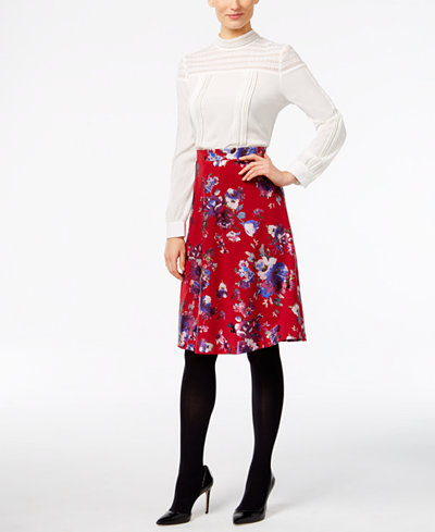 ECI Crochet-Lace Mock-Neck Top & Floral-Print Pull-On Skirt