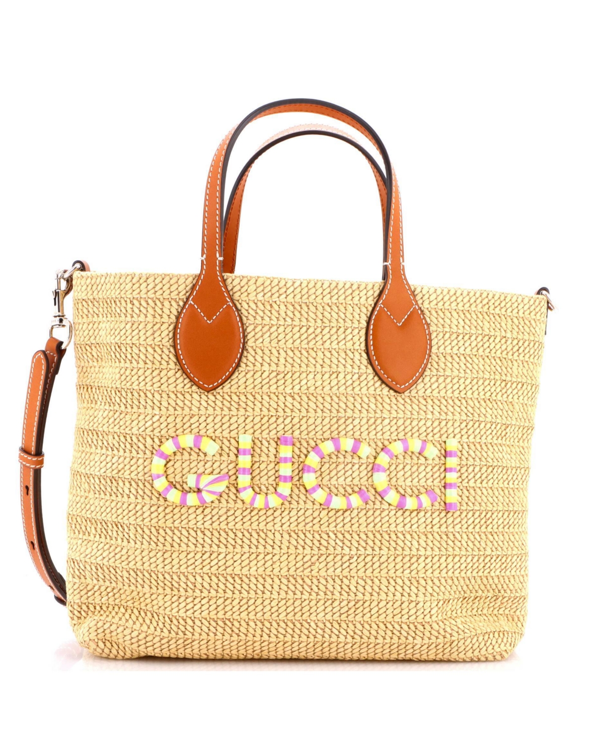 Pre-Owned Gucci Small Logo Plaque Convertible Tote Raffia