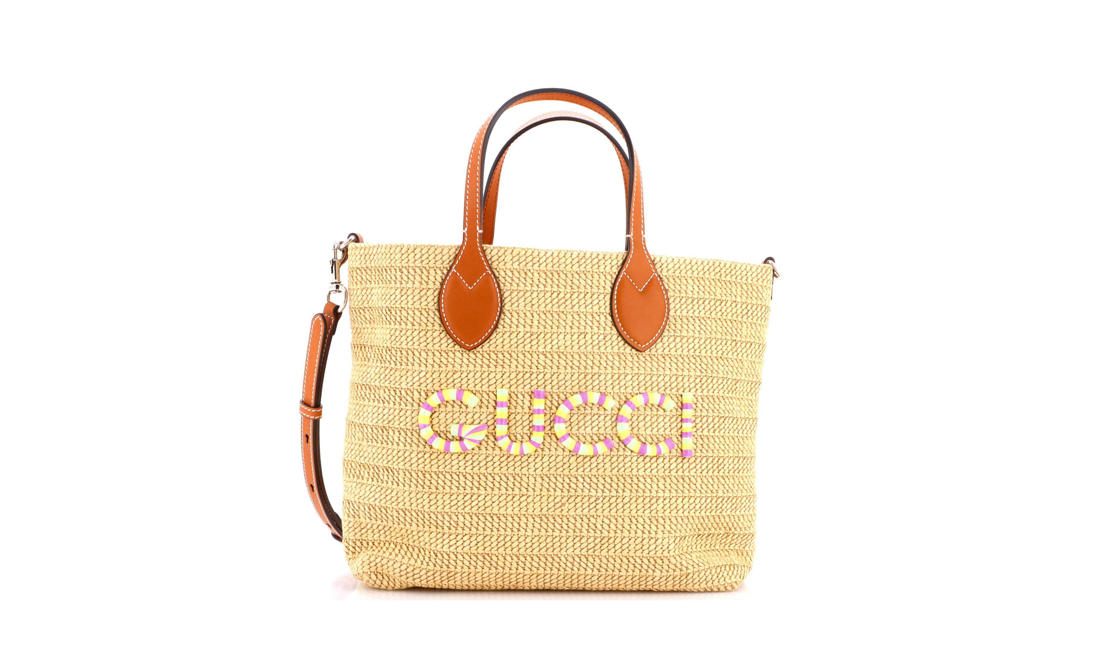 Pre-Owned Gucci Small Logo Plaque Convertible Tote Raffia