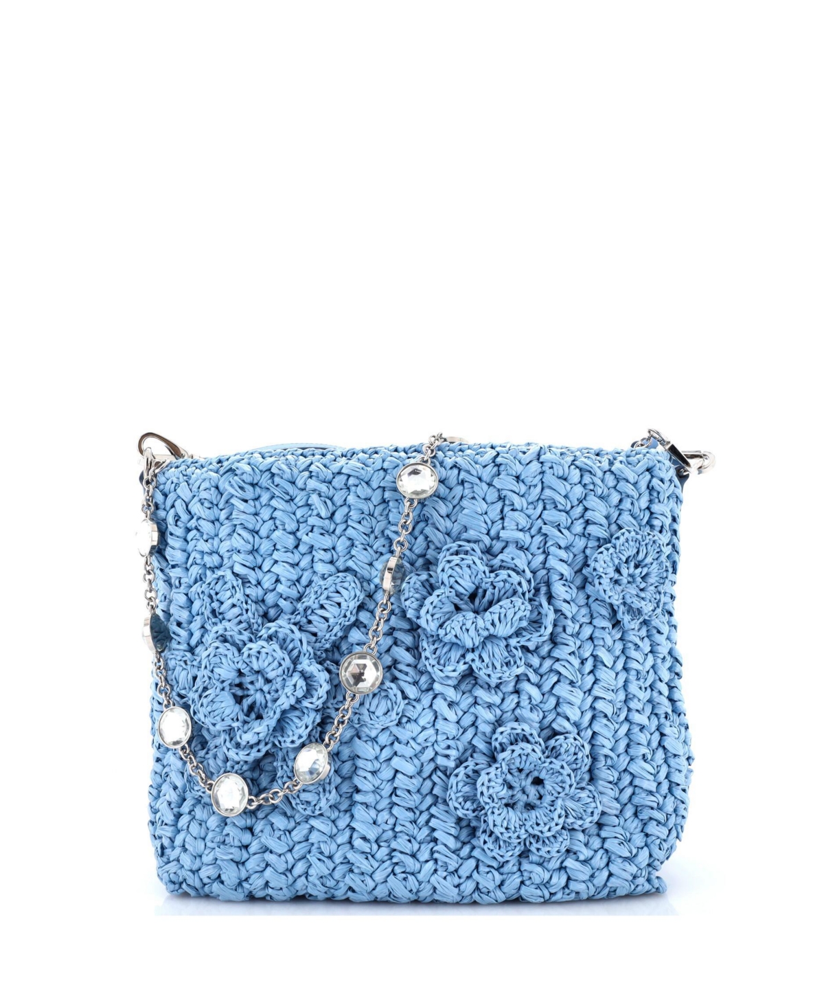 Pre-Owned Miu Miu Flower Crystal Chain Shoulder Bag Woven Raffia - Blue
