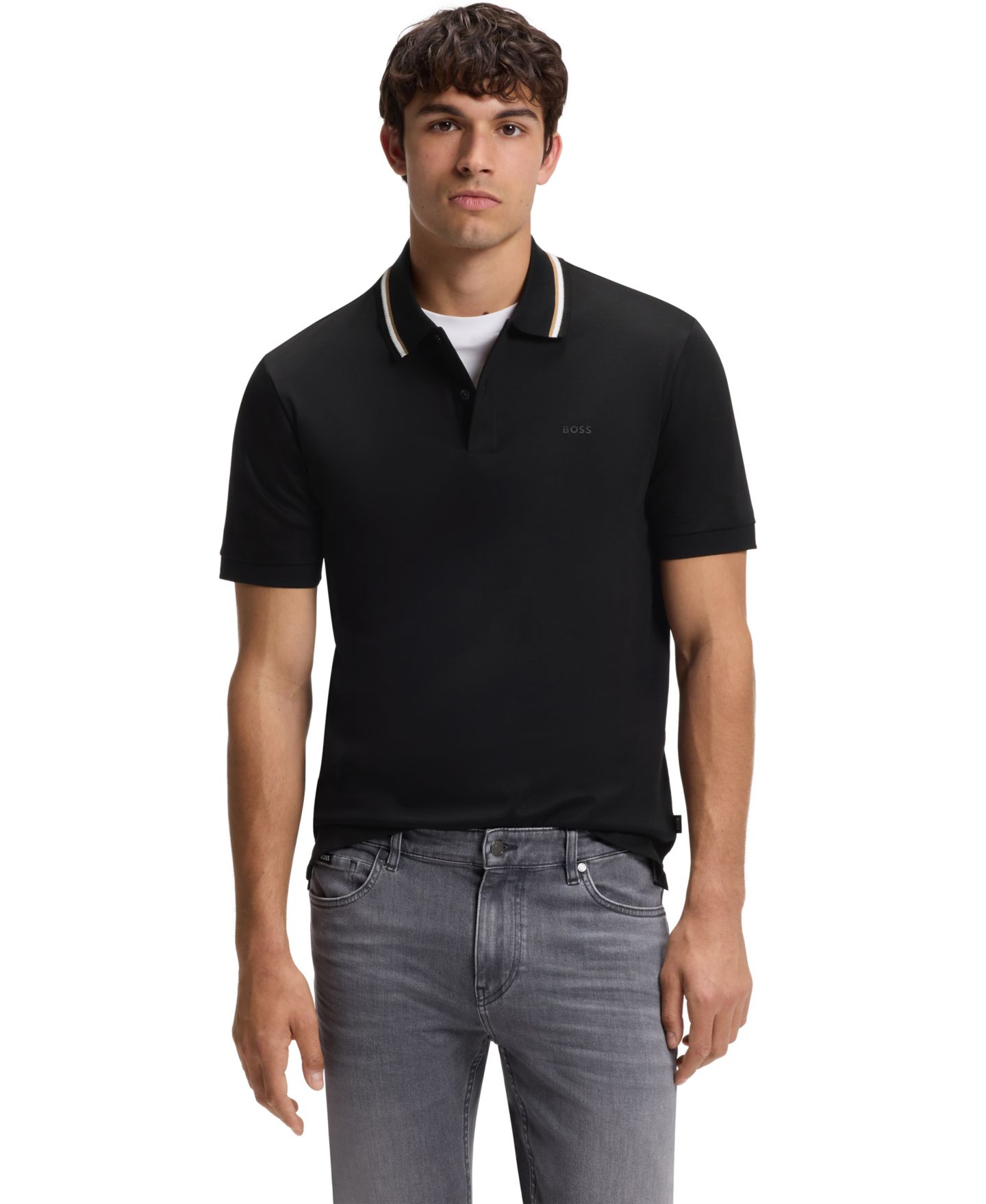 Мужское поло Hugo Boss Cotton Slim-Fit Striped Collar Polo Shirt, цвет: Чёрный — фото 1