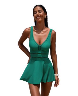 Women's V Neck Mesh Trim Swim Dress