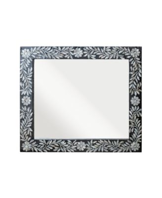 Wood-Framed Wall Mirror with Inlaid Mother of Pearl Floral Design