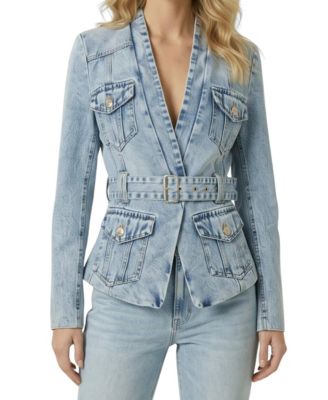 Women's Denim Belted Utility-Pocket Blazer