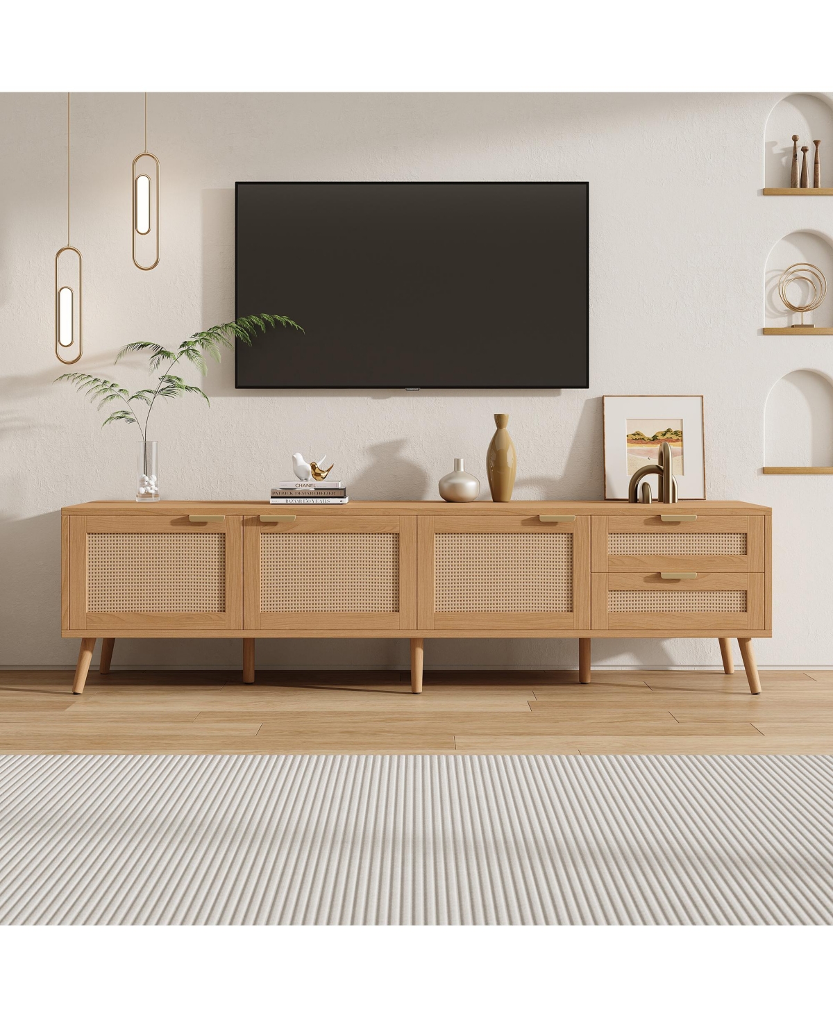 Flynama 70.87" Wood Pe Rattan Tv Stand 2 Drawer Media Console Fits Up To 80 Inch Tv