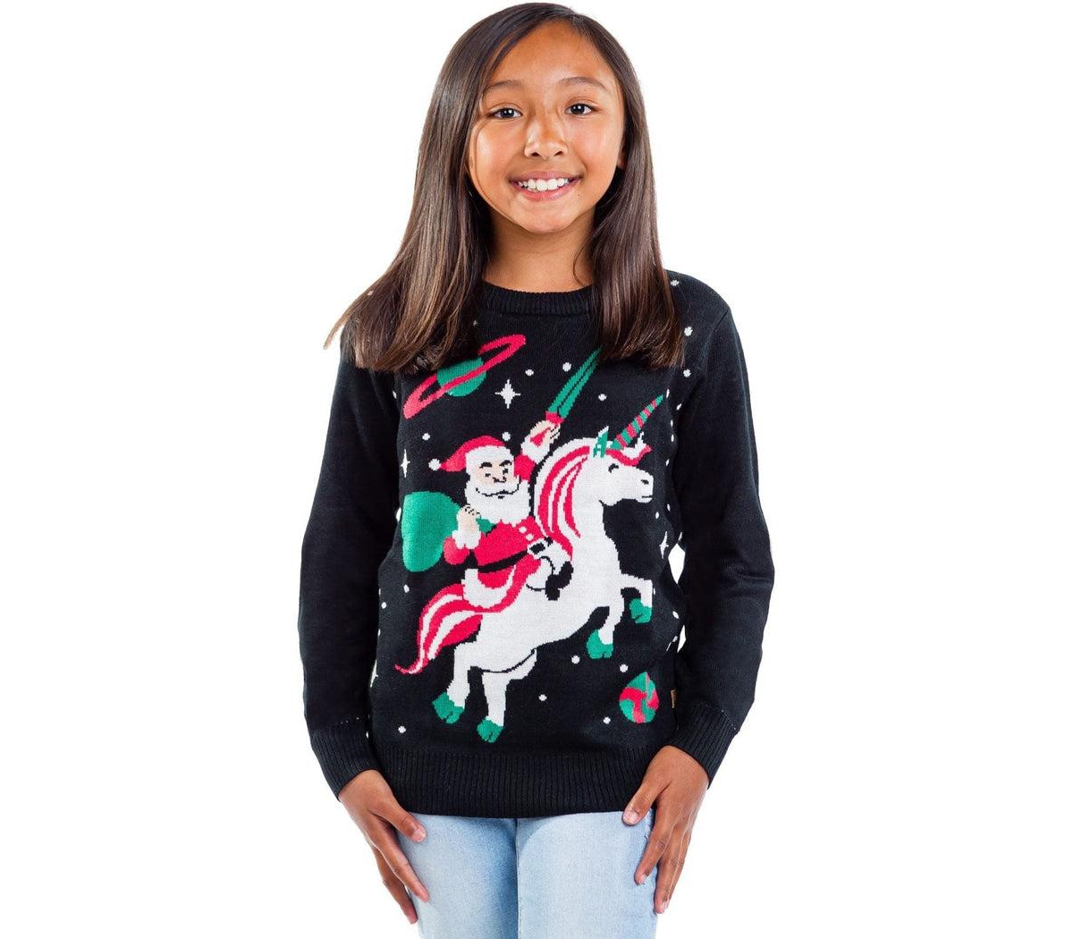 Tipsy Elves Boys' and Girls' Santa Unicorn Christmas Long-Sleeve Crewneck Sweater