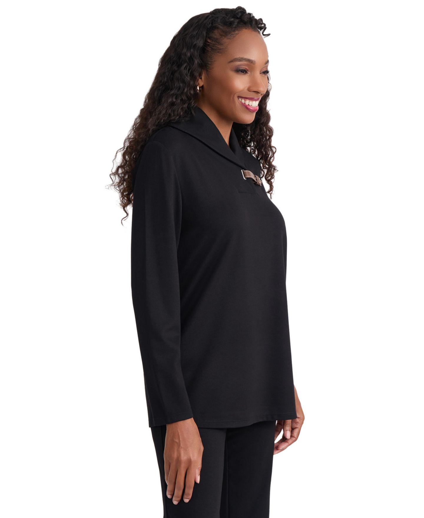 Женский свитер Jones New York Mock-Neck Buckle Trim Long-Sleeve, цвет: Чёрный — фото 2