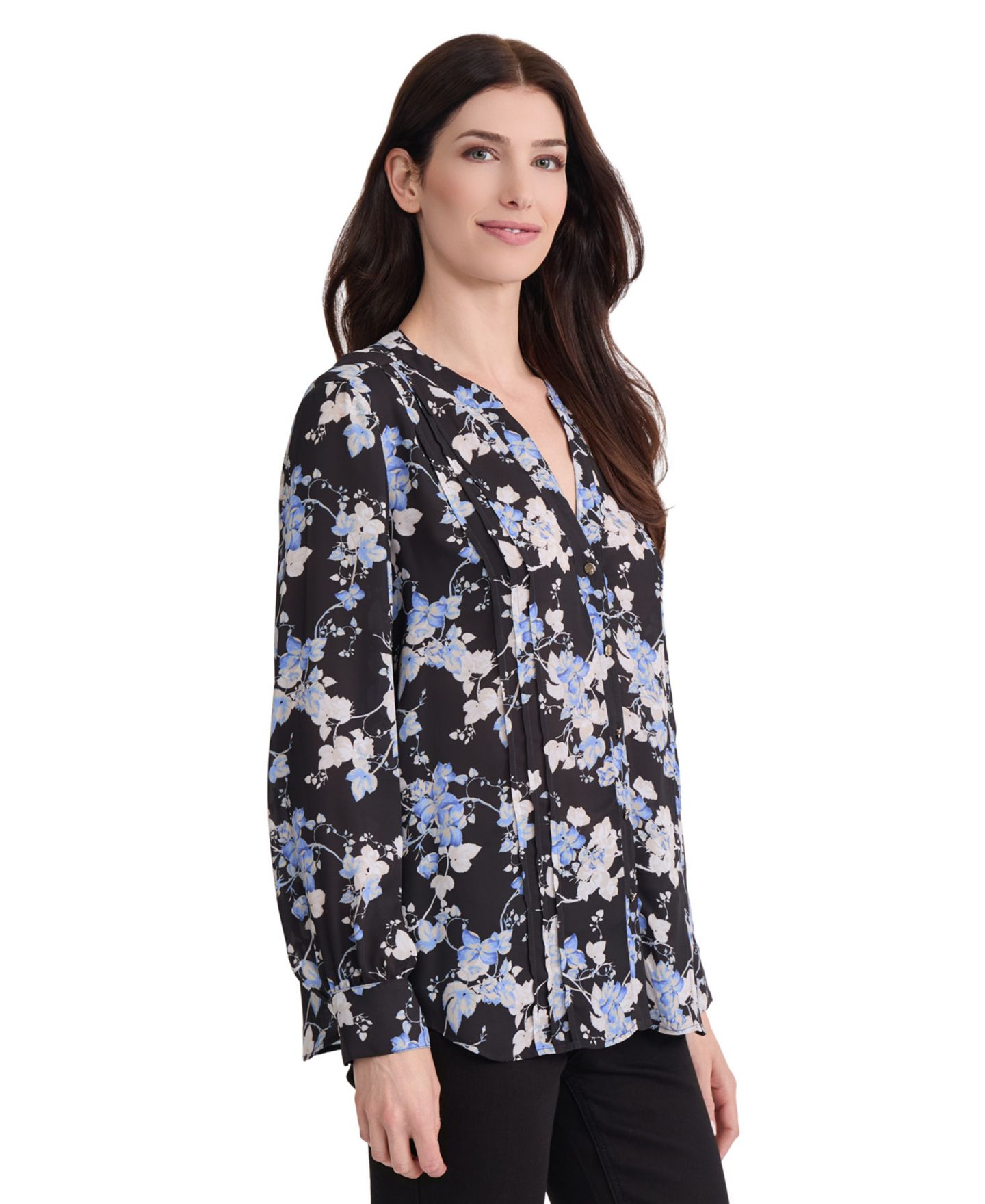Женская блузка Jones New York Floral Split-Neck Pintuck, цвет: Чёрный — фото 2
