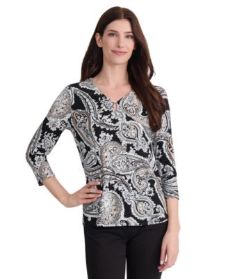 Women's 3/4 Sleeve Paisley-Print Keyhole Blouse
