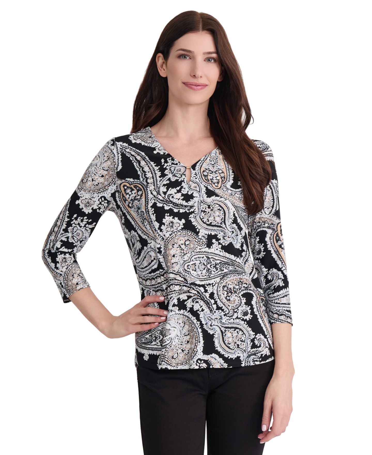 Женская блузка Jones New York 3/4 Sleeve Paisley-Print Keyhole, цвет: Чёрный разноцветный — фото 1