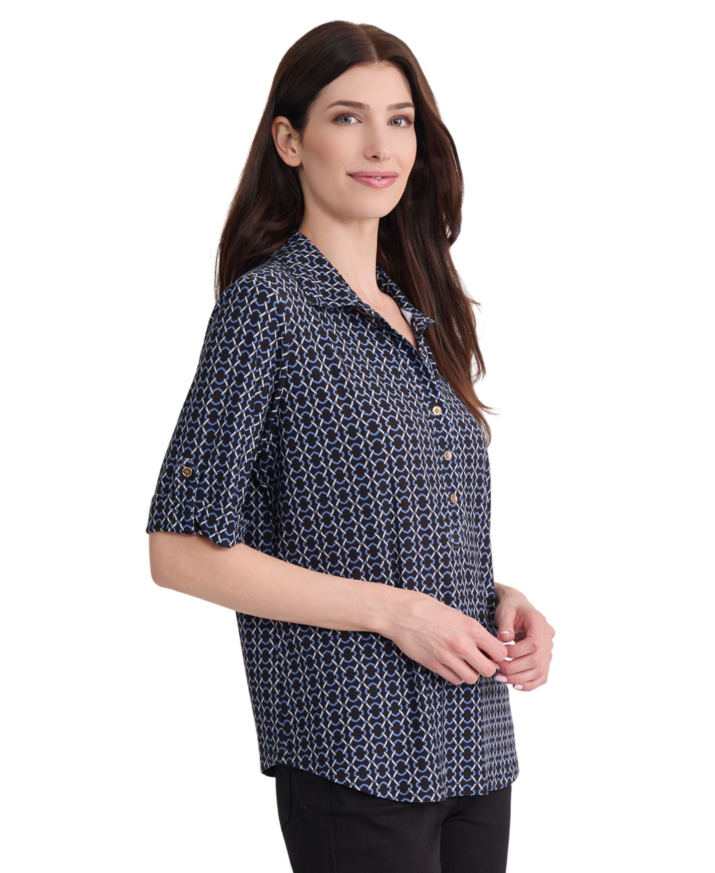 Женское поло Jones New York Elbow Roll Cuff Geometric Polo, цвет: Угольно-чёрный / Синий — фото 2