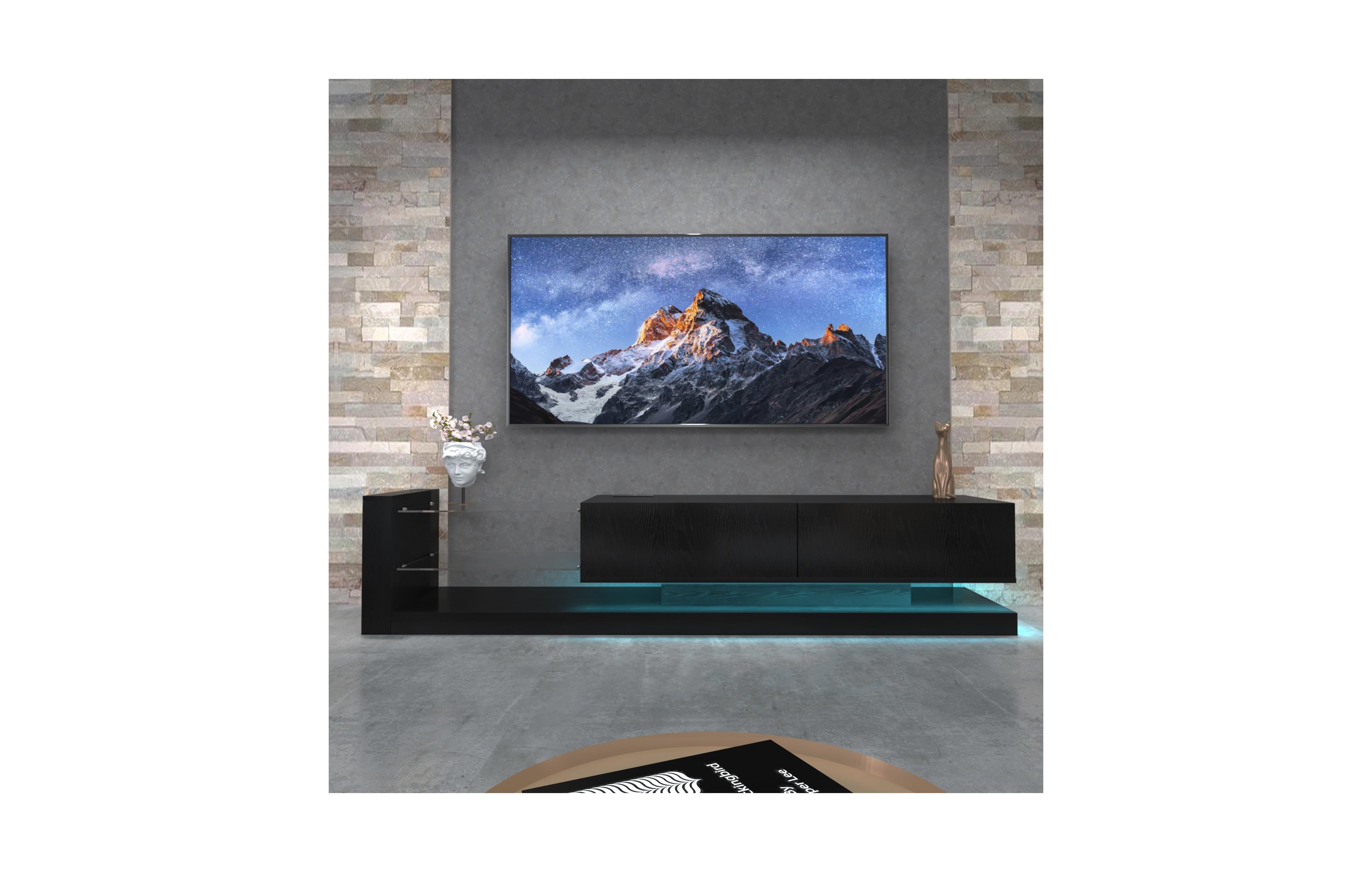 Flynama 70 Inch Modern Led Tv Stand Built-In Power Strip Tempered Glass Media Console for 75 Inch Tv