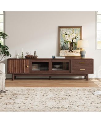 70.86" Mid Century Wave Glass Sliding Door TV Stand Pine Leg Console For 80" TV