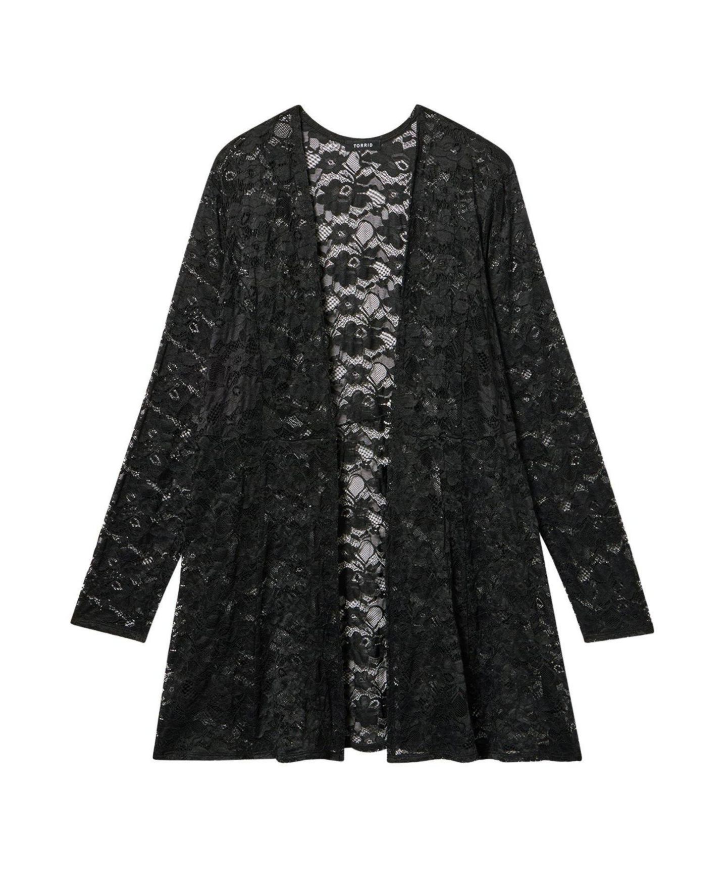 Женская куртка Torrid Plus Size Lace Fit and Flare Kimono Sheer Open-Front, цвет: Глубокий чёрный — фото 2