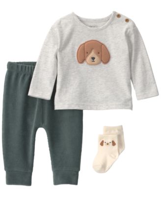 Baby Boys' Dog Long-Sleeve Crewneck Top, Pants and Socks, 3-Piece Set