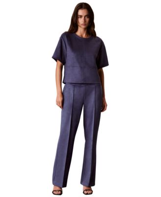 Women's Boxy Faux Suede Crewneck T-Shirt and Pintuck Faux Suede Pull-On Trousers