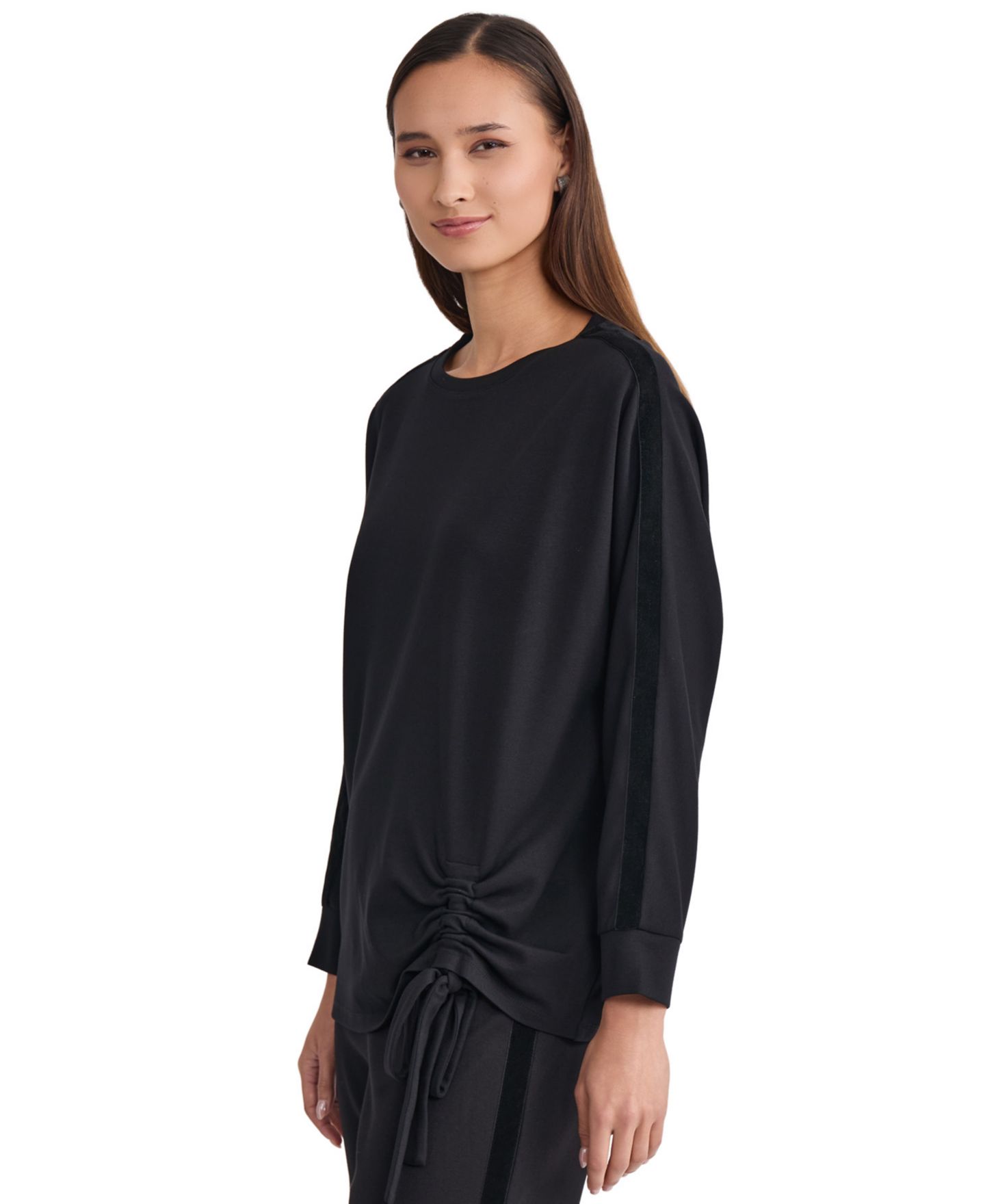 Женский топ Jones New York Plus Size Serenity Asymmetrical-Ruched Velvet Long-Sleeve Crewneck, цвет: Чёрный — фото 2