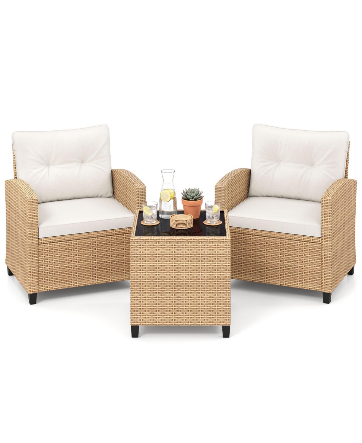 Gymax 3Pieces Patio Furniture Set Rattan Conversation Set With Soft Seat and Back Cushions