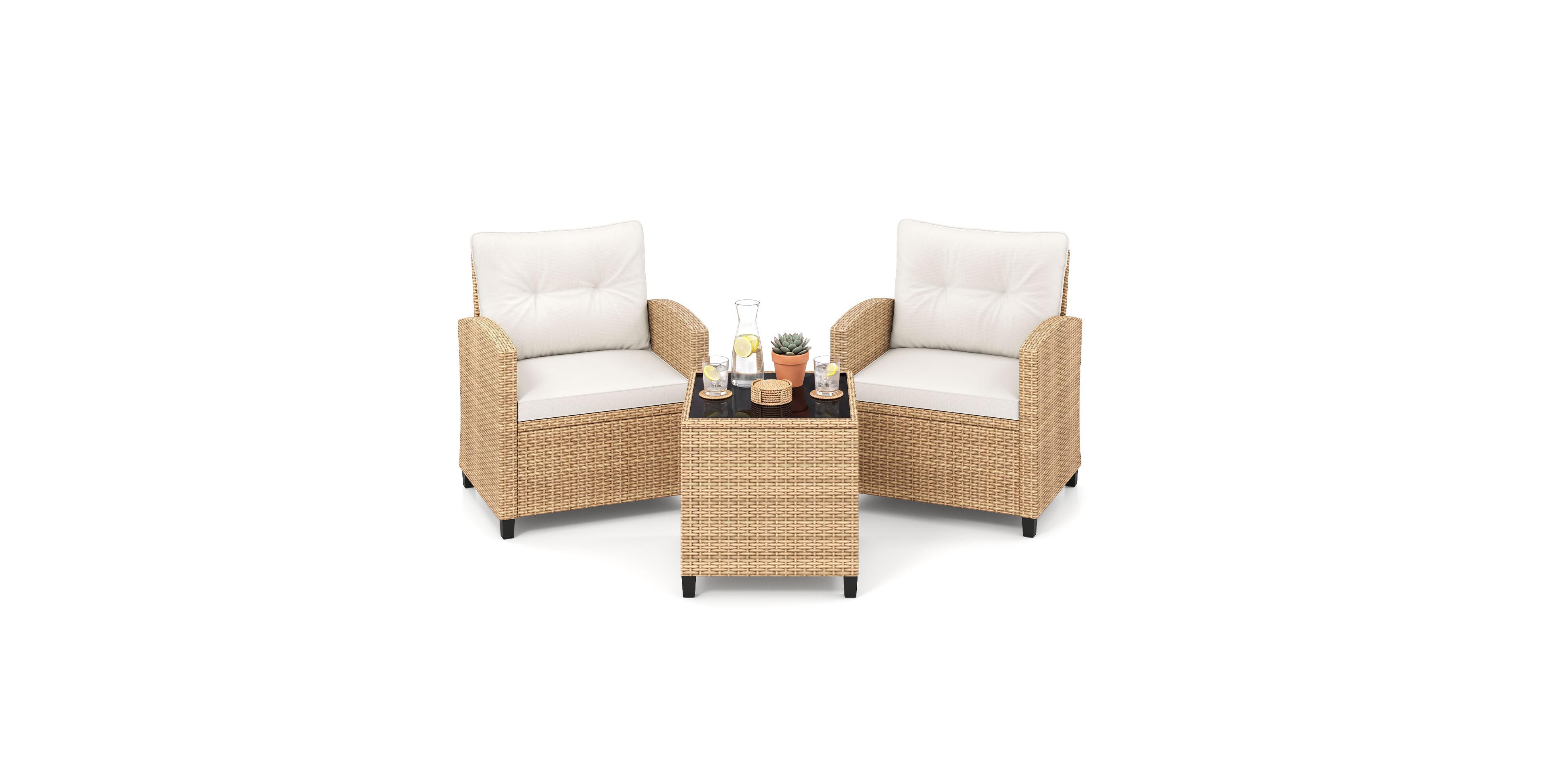 Gymax 3Pieces Patio Furniture Set Rattan Conversation Set With Soft Seat and Back Cushions
