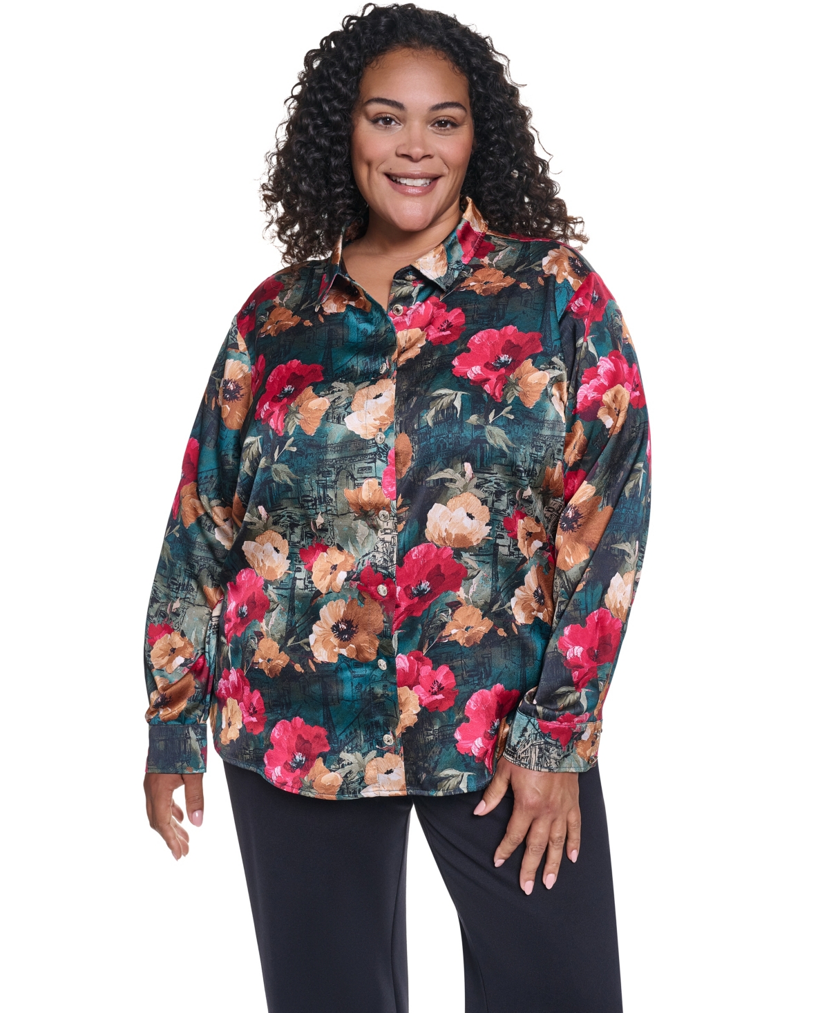 Karl Lagerfeld Paris Plus Floral Woven Collared Long-Sleeve Blouse
