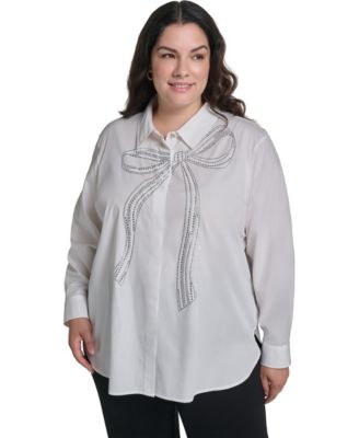 Plus Size Crystal Bow Long-Sleeve Button-Front Blouse