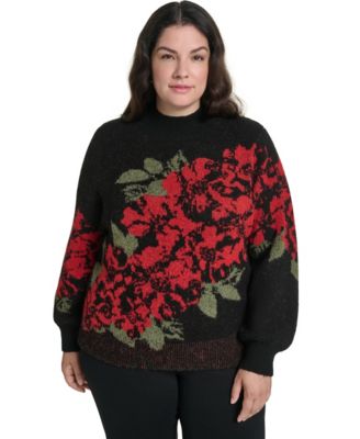 Plus Size Rose Floral-Print Mock Neck Sweater