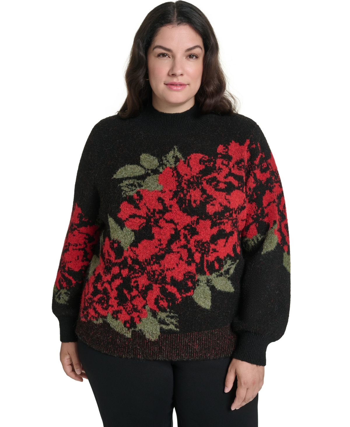 Karl Lagerfeld Paris Plus Size Rose Floral-Print Mock Neck Sweater - Black/Admiral Red/Green
