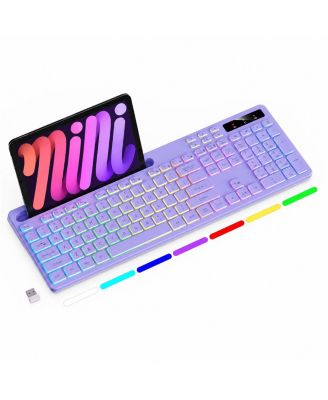 Wireless Keyboard RGB Backlit Phone Holder 2.4G Rechargeable Quiet Typing Multimedia Keys