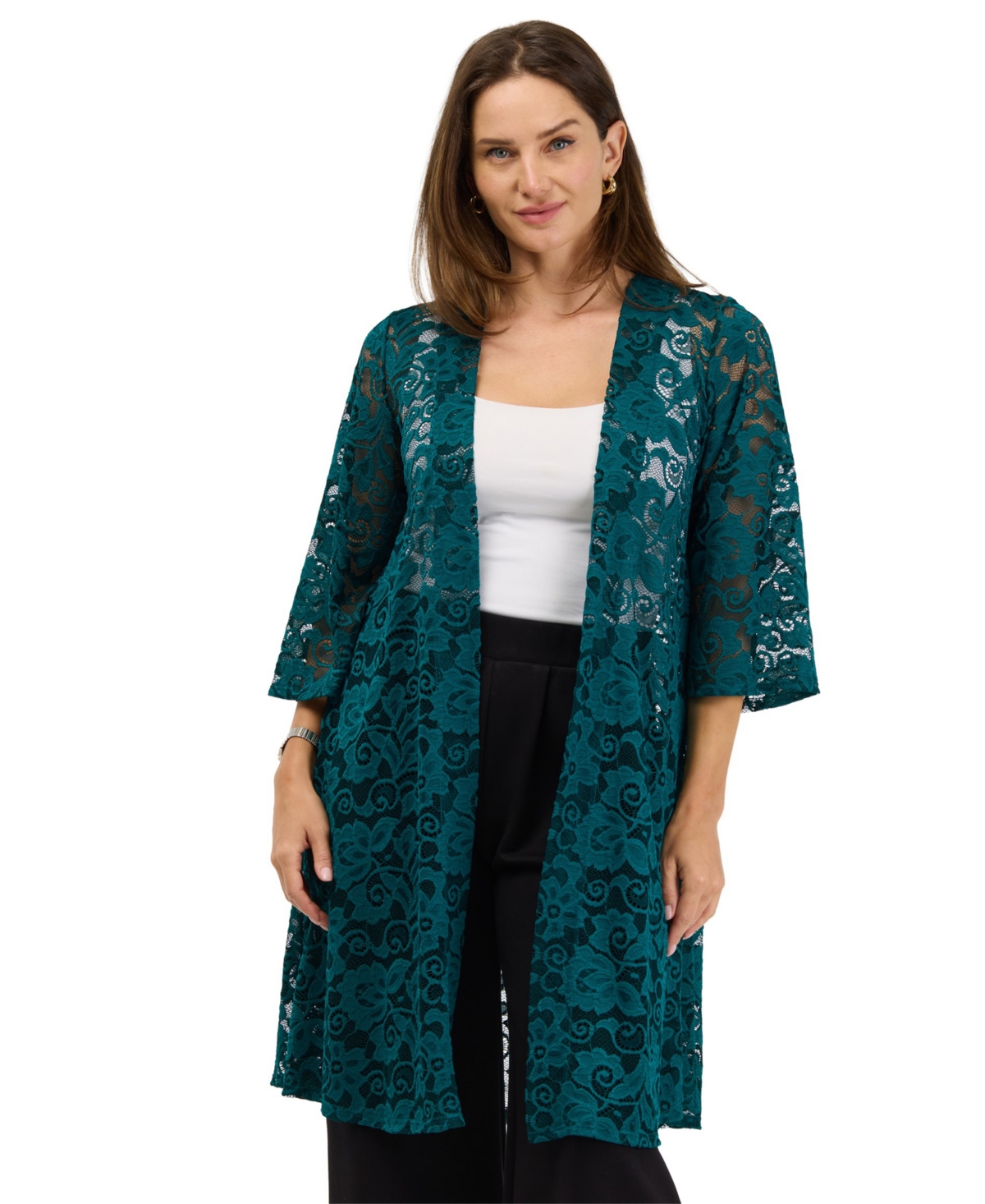24seven Comfort Apparel Women's Lace Floral-Print 3/4-Sleeve Jacket - Emerald
